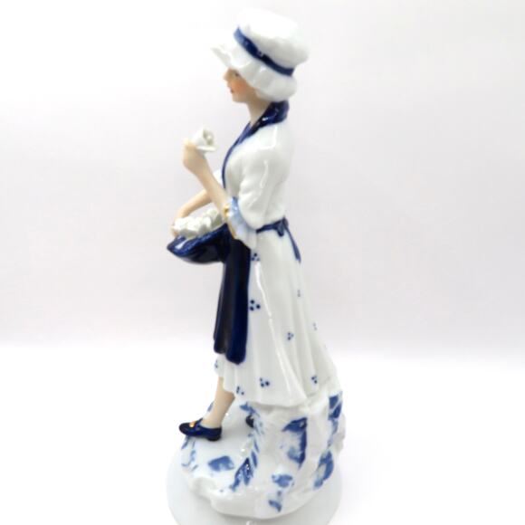Vintage Porcelain Flower Girl Statuette Blue and White Figurine Cottage Core - Picture 6 of 11